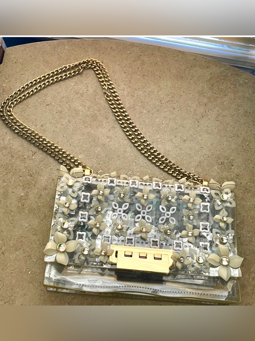 Zac Posen Clear Floral-Appliqué Shoulder Bag with Gold Chain